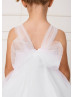 Beaded White Lace Tulle Tea Length Flower Girl Dress